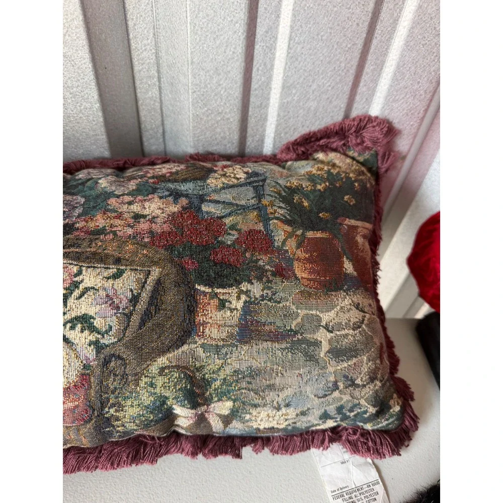 Vintage Woven Tapestry Garden Tea Party Throw Pillow Fringe Trim Made in USA